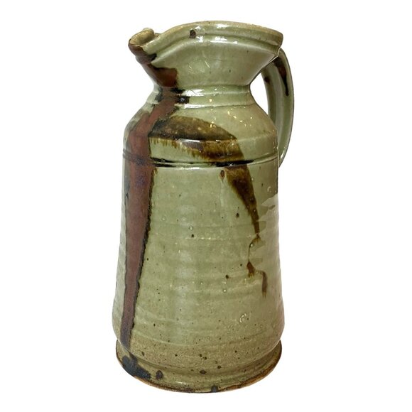 VTG Stoneware Studio Speckled Drip Glaze Beige, Maroon Brown TALL Pitcher - Picture 1 of 14